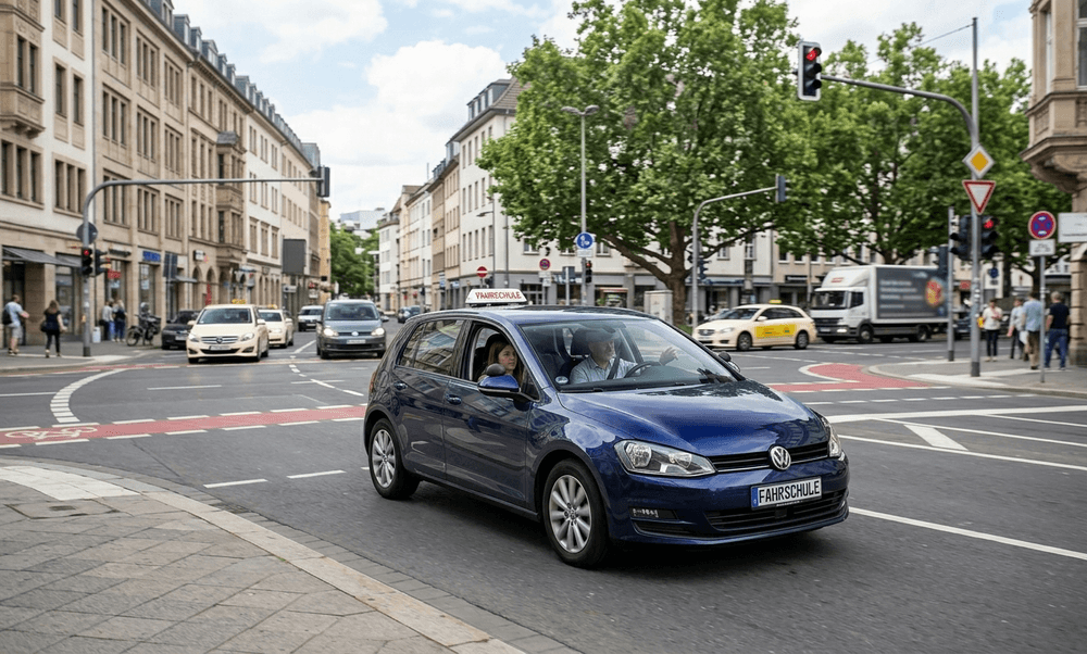 Fahrschulwagen mit Fahrlehrer und Fahrschülerin im Stadtverkehr.