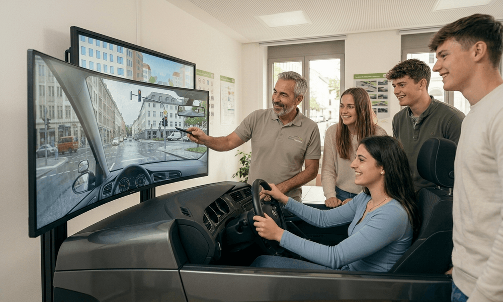 Fahrschülerin trainiert eine Verkehrssituation an einem Fahrsimulator.