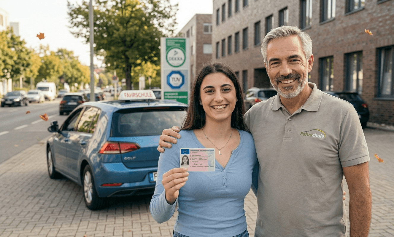 Frau hält stolz ihren frisch bestandenen Führerschein.